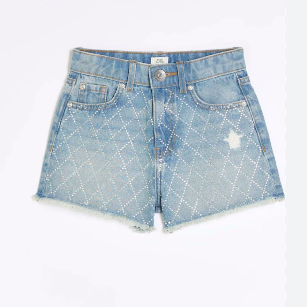 🌟 River‎ Island Diamanté Mom Denim Shorts – 100% Cotton, Gently Worn Once! 🌟